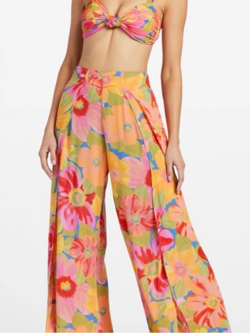 Billabong Pink Floral Split Spirit Pants with Multicolor Blooms
